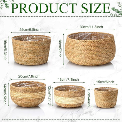 Sieral 5 Pcs Seagrass Hand Woven Planter Basket Large Plant Pots Indoor Flower Pots Cover, 12+10+8+7+6 Inch Storage Planter Containers with Plastic Liners