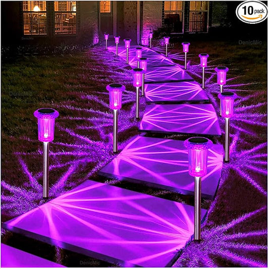 DenicMic Solar Lights Outdoor 10 Pack Waterproof Purple LED Stainless Steel Stake Outside Lights for Yard Pathway Garden Driveway Walkway Landscape Path Lighting