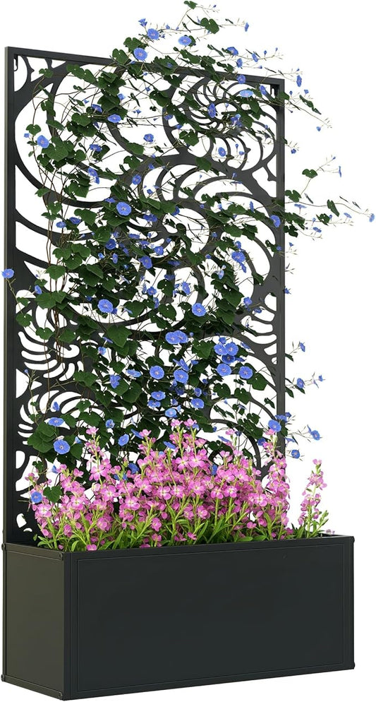 Outsunny Metal Raised Garden Bed with Trellis for Climbing Plants, Freestanding or Wall Mounted Flower Bed with Privacy Panel, Snail Cut-Outs Outdoor Planter Box for Garden, Patio, Balcony