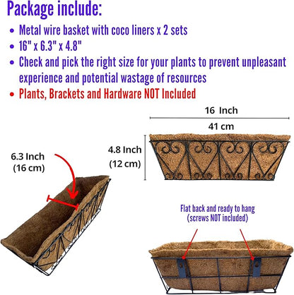 LaLaGreen Wall Planters - 2 Pack, 16 Inch Window Flower Boxes Outdoor, Deck Railing Hanging Metal Wire Basket Black with Coco Liners Horse Troughs Fence Balcony Garden Farmhouse Patio Porch Over Rail