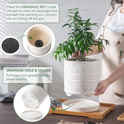 Ceramic Plant Pots Indoor-Outdoor: 8 Inch Embossed Planters with Drainage Hole & Saucer - Modern Decorative Flower Pots for Home Garden Patio Office Decor