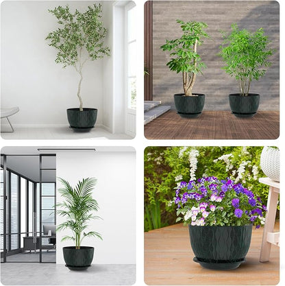 10 inch Large Plant Pots, Flower Pots with Multi-Mesh Drainage Holes and Saucer, Plastic Planters for Indoor and Outdoor Garden Plants (Black with Green Speckles, 10")