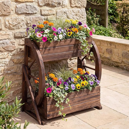 Giantex Wooden Wagon Planter Box, 2-Tier Garden Planter with Drainage Holes for Flowers Herbs Vegetables, Indoor Outdoor Decorative Planter Container for Patio Garden Balcony (1)