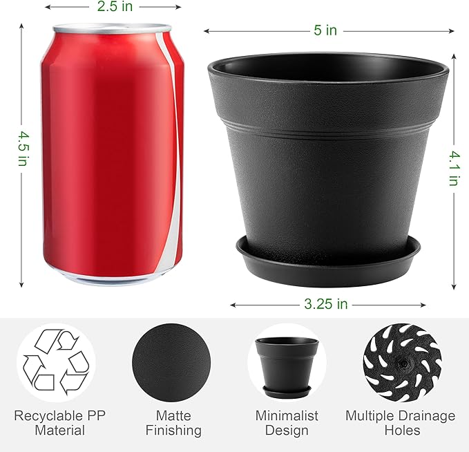10 Pack Plastic Plant Pots with Drainage Holes and Tray, 5 inch Thickened Indoor Planters Seedlings Nursery Pots for Flowers, African Violet, Succulent and All House Plants, Black