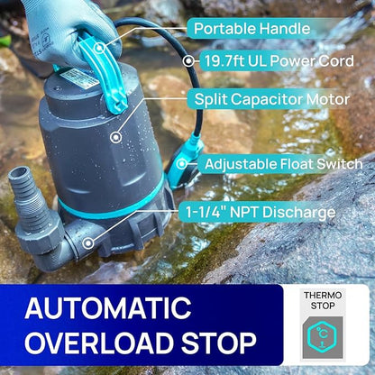 Aquastrong 1/2 HP Utility Pump 3159 GPH Submersible Water Pump with Float Switch, Draining Flooded Basement, Pool, Hot Tub, Pond, Garden Irrigation, 10ft Cord