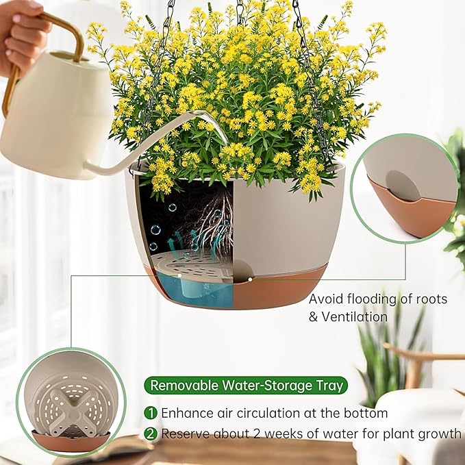 Hanging Planters for Indoor Plants, Set of 2 8/10 Inch Self-Watering Hanging Pots with Drainage Hole & Removable Water-Storage Tray II Screw-in Hooks II