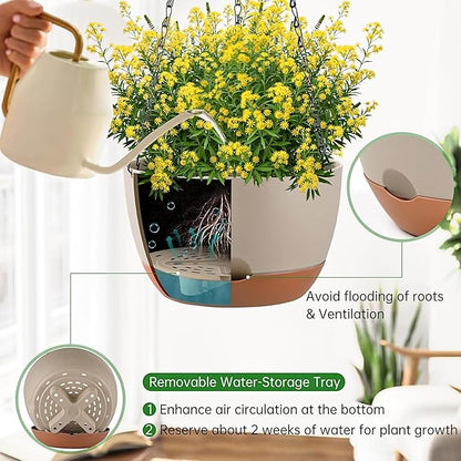 Hanging Planters for Indoor Plants, Set of 2 8/10 Inch Self-Watering Hanging Pots with Drainage Hole & Removable Water-Storage Tray II Screw-in Hooks II