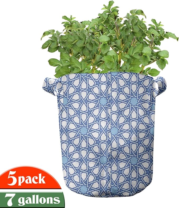 Ambesonne Moroccan Grow Bags 5-Pack, Moorish Star Pattern, Heavyduty Fabric Pots with Handles for Plants, Blue White