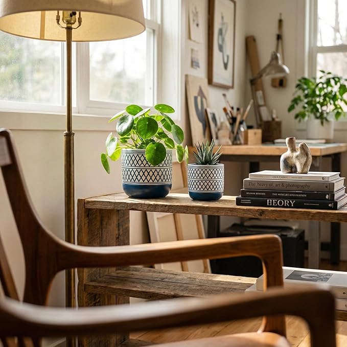 Decorative Ceramic Flower Pots Set of 2 – 6 & 4.7 Inch Indoor Plant Pots, Boho Decorative Pots for Plants, Orchid & Succulent Planters with Drainage
