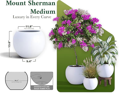 DTY Mount Sherman 16.1'' D x 13.6'' H (Pot Opening 11.8") Fiberstone Round Planter with Drainage Hole, Smooth Finishes, Weather Resistant for Indoor and Outdoor, 2 Extra Coco Mats - White, Medium