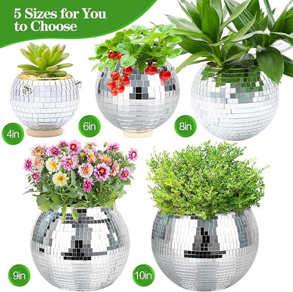 Disco Ball Planter, 1pcs 9” Silver Disco Ball Planter, Disco Ball Plant Hanger with Hanging Rope, Hanging Chain, Hook, Circle and Extra Mirror Pieces