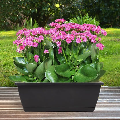 8pcs Window Box Planter,17 Inches Flower Window Boxes,Rectangle Planters Box with Drainage Holes and Trays, Plastic Vegetable Planters for Windowsill Patio Garden Home Decor Porch Yard (Black)
