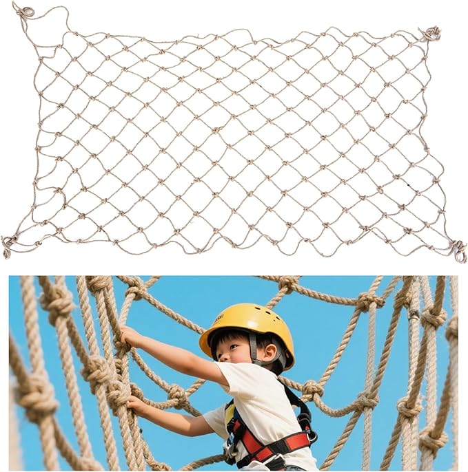 Jute Hemp Rope Net,Heavy Duty Natural Safety Rope Netting Balcony Stairs Fence Garden Playground Protection Net Indoor & Outdoor Decoration Rope Netting (6.5FT*9.8FT)