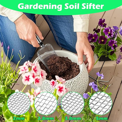 4Pcs Soil Sifter for Gardening, Mesh Stainless Steel Sieve Sifter with Handle(2/2.8/3.8/5mm), Portable Garden Sifter for Soil Rocks Sand Compost Dirt