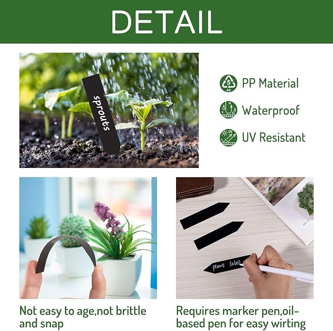 Whaline 200Pcs Plastic Plant Labels with Marker Pen Black Thin Pointed Plastic Plant Sign Tags Nursery Garden Markers for Seed Potted Herbs Flowers Vegetables (0.79 x 3.94)