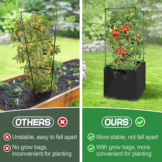 ANPHSIN Tomato Cages with 17 Gallon Grow Bags - 46'' Heavy-Duty Plant Support Cage Kit, Garden Pots with Square Plant Trellis for Flowers Vegetables Cucumber Vertical Climbing Vines, 2 Sets
