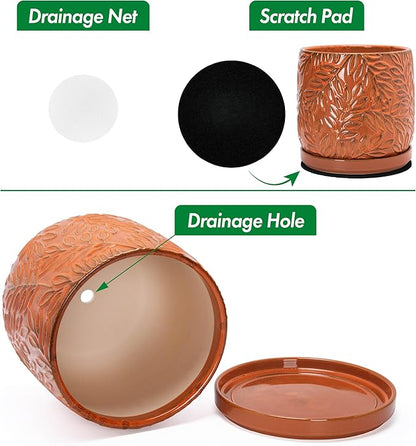 D'vine Dev 10 Inch Embossed Leaves Stoneware Planter Pot with Drainage Hole and Saucer, Pumpkin, 27-A-P-J