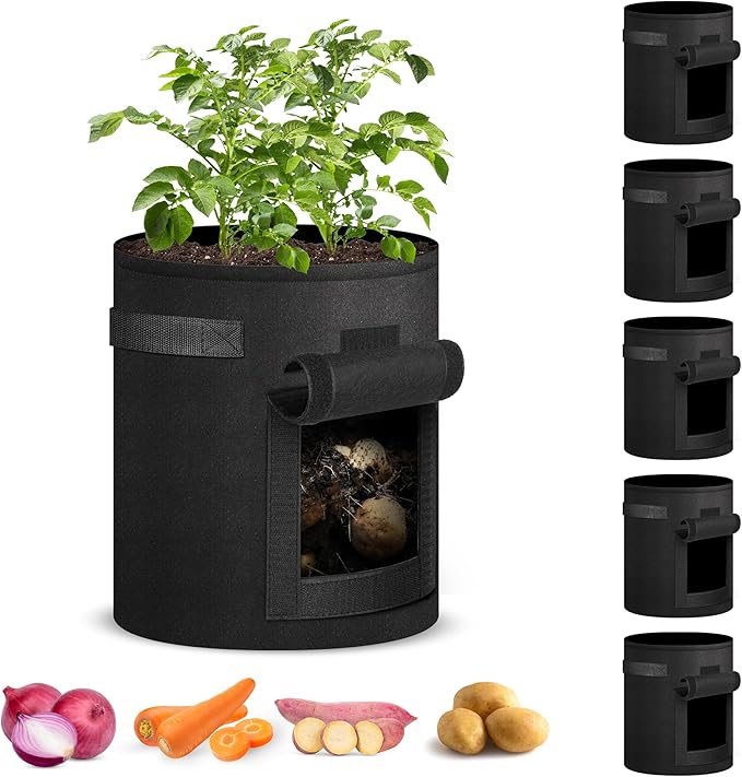 iPower 5-Pack 7-Gallon Potato Grow Bags Planter Pots with Handle, Access Flap and Visual Window, Easy to Harvest, Thickened Non-Woven Aeration Fabric Container for Tomato, Carrot, Fruits, Vegetables