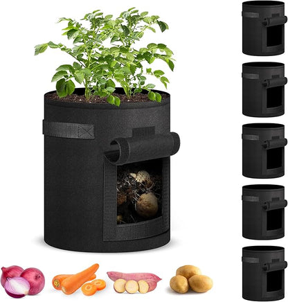iPower 5-Pack 7-Gallon Potato Grow Bags Planter Pots with Handle, Access Flap and Visual Window, Easy to Harvest, Thickened Non-Woven Aeration Fabric Container for Tomato, Carrot, Fruits, Vegetables