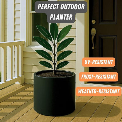 Fox & Fern 14.6 Inch Extra Large Planter — Premium Lightweight Fiberstone Matte Black Plant Pot with Drainage Plug - Big Planter for Indoor & Outdoor Use - Weather Resistant & UV Resistant