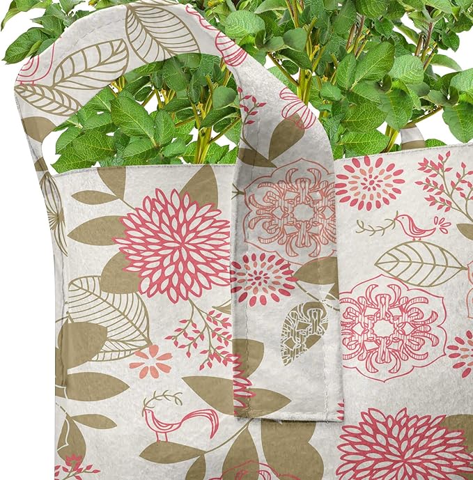 Ambesonne Vintage Grow Bags 5-Pack, Pink Chrysanthemum Flower, Heavyduty Fabric Pots with Handles for Plants, Pink Beige