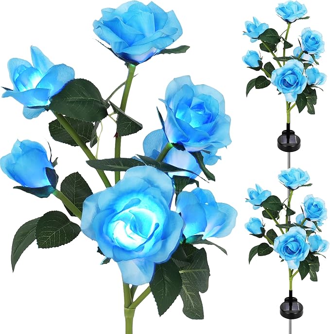 Solar Rose Lights Outdoor, 2 Pack with 14 Rose Flowers Waterproof Color Changing LED Flower Lights, Solar Powered Garden Stakes for Yard, Patio, Pathway Decor - Artificial Floral Decorative Lighting