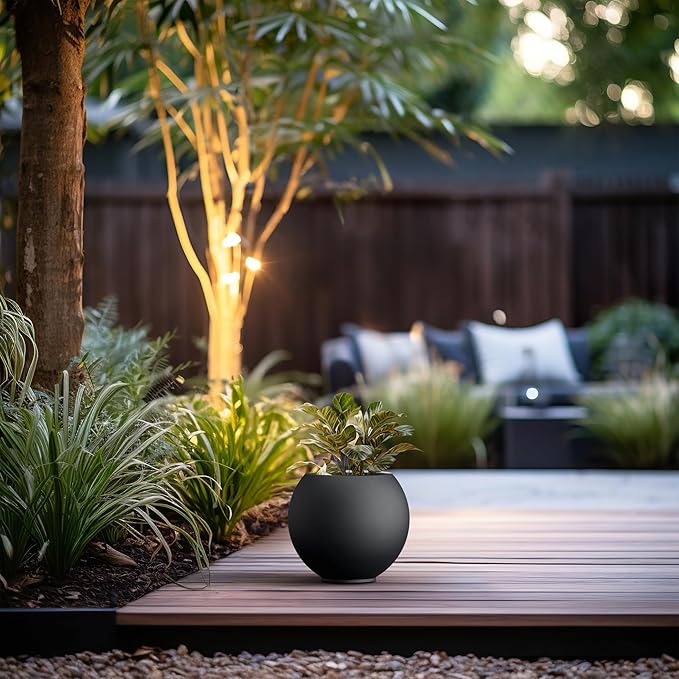 Kante Round Concrete Flower Pot, 11 Inch Dia (7.9" Opening) Sphere Shape Design Planter with Drainage Hole and Rubber Plug for Indoor & Outdoor Plants, Black Finish with Painted Interior