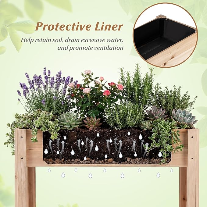 HAPPYGRILL Wooden Raised Garden Bed with Legs, Elevated Planter Box w/Storage Shelf, Drainage, Liner, Outdoor Solid Wood Gardening Box for Vegetables Herbs Flower, Backyard Patio Balcony Indoor
