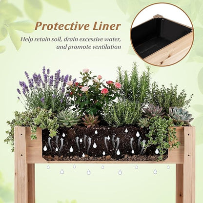 HAPPYGRILL Wooden Raised Garden Bed with Legs, Elevated Planter Box w/Storage Shelf, Drainage, Liner, Outdoor Solid Wood Gardening Box for Vegetables Herbs Flower, Backyard Patio Balcony Indoor