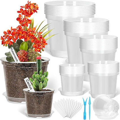 Jollidecor 35-Piece Clear Plastic Plant Nursery Pots with Drainage Holes and Saucers, 4 to 7 Inch Sizes