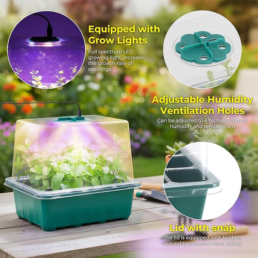 Seed Starter Tray with Grow Light, 6pcs Seed Starter Kits with Light and Humidity Domes, Timing Controller & Adjustable Brightness & 3 Light Mode, Indoor Seedling Starter Plant Germination Trays