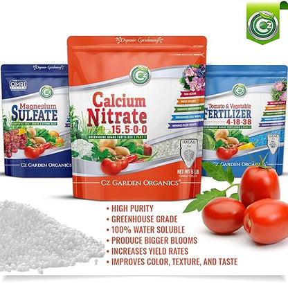 Calcium Nitrate 15.5-0-0 Fertilizer Made in USA – Greenhouse Grade Plant Food for Hydroponics, Plants & Gardens – Fruit, Vegetables. Blossom End Rot Tomatoes (Cz Garden Organics Calcium Nitrate 18LB)