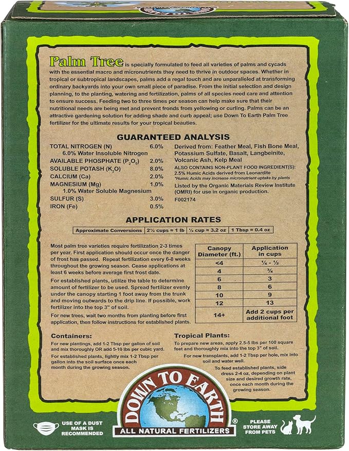 Down To Earth All Natural Fertilizers Organic Palm Tree - Plant Food for Palms, Cycads, Exotic and Tropical Plants 6-2-8, 5 lb