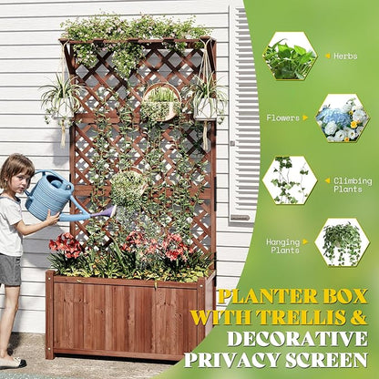 AMERLIFE Raised Garden Bed with Trellis for Vegetables, Climbing Plants, Durable Natural Wood Planter Box with Drainage Holes, Privacy Planter for Outdoor Yard & Patio, Easy Assembly