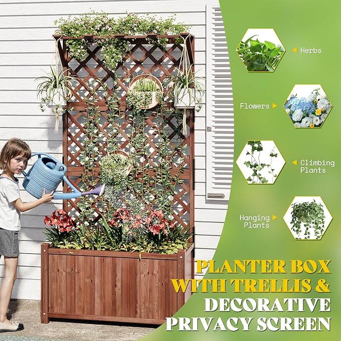 AMERLIFE 2 Pack Raised Garden Bed with Trellis for Vegetables, Climbing Plants, Durable Natural Wood Planter Box with Drainage Holes, Privacy Planter for Outdoor Yard & Patio, Easy Assembly