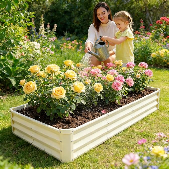 GARDMAX 8x4x1FT Galvanized Raised Garden Bed Kit, Metal Planter Boxes Outdoor with Easy Assembly, Large Garden Bed for Vegetables, Fruits, Flower, Herbs Rectangle Milk White