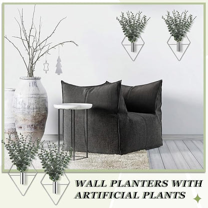 Jexine 4 Pcs Hanging Planters with Artificial Eucalyptus Metal Hanging Vase Indoor Plants Holder Modern Geometric Boho Bathroom Wall Decor for Living Room Home Office (Eucalyptus,Silver)