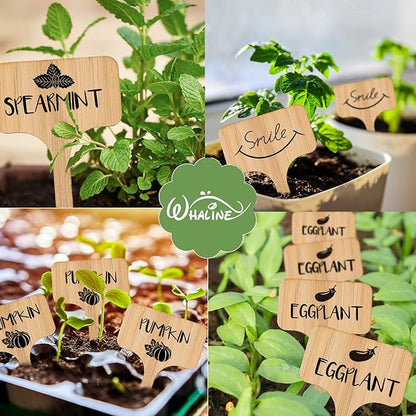 Whaline 30Pcs Bamboo Plant Labels with A Marker Pen, T-Type Wooden Plant Marker Garden Sign Tags Garden Markers for Seed Potted Herbs Flowers Vegetables (6 x 10 cm)