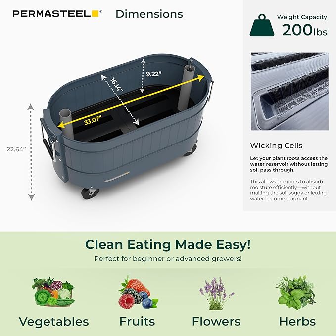 Permasteel Self-Watering Garden Bed, Rolling Planter for Vegetables, Flowers, Herbs, and Fruit, Outdoor Indoor, Caster Wheels, Blue