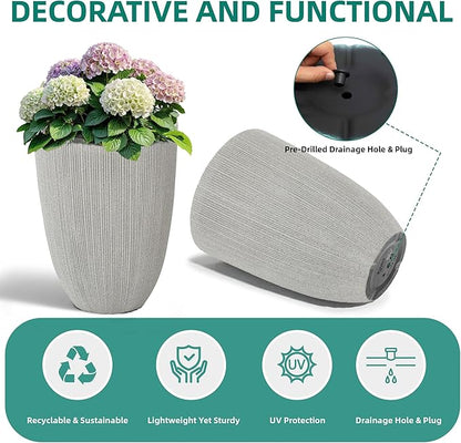 19" Tall Planter for Indoor Outdoor Plants, Set of 2 Large Flower Pot with Drainage Hole, Weather/UV-Resistant Resin Planters for Garden Patio Porch Home office Decor, Mediterranean Beige Fluted
