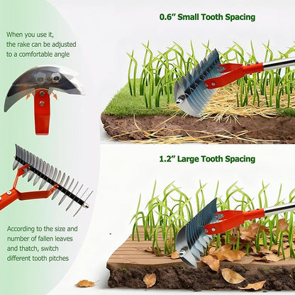 Thatch Rake,14-Inch Lawn Thatching Rake,Reinforced Neck with Heavy Duty Handle, Multi Angle Tine Design for Efficient Dead Grass Removal and Soil Care