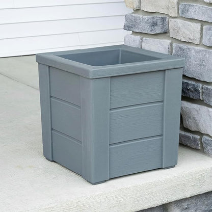Step2 Lakewood Square Planter, Large Planters for Outdoor Plants, Gardening and Flower Pot for Patio or Porch, Efficient Drainage, Durable Plastic, Sage Gray, 2-Pack