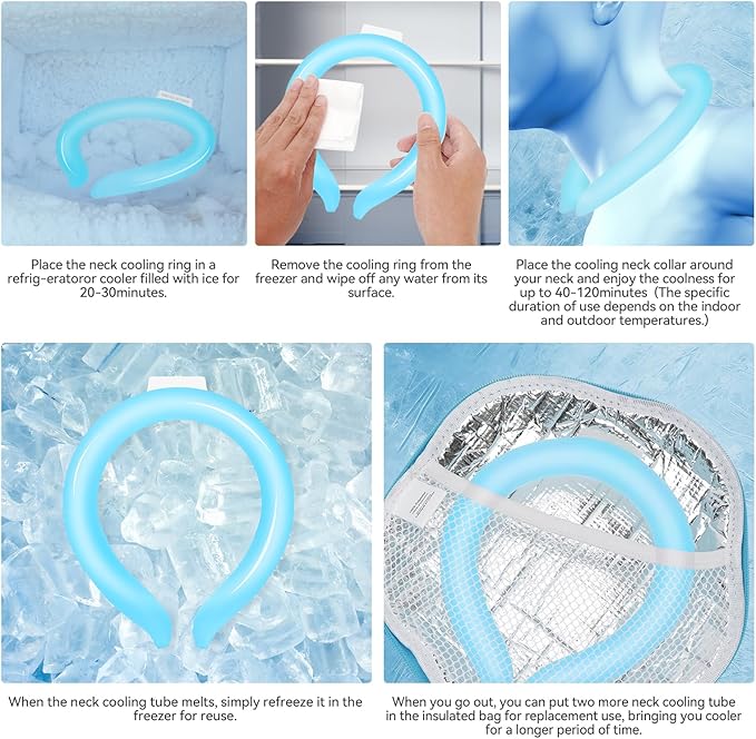 Neck Cooling Tube with Insulated Bag, Reusable Cooler Ice Neck Ring Warps, Ice Pack for Wearable Stay Cool for Hot Weather, Summer, Outdoors, Sports, Work(Blue)