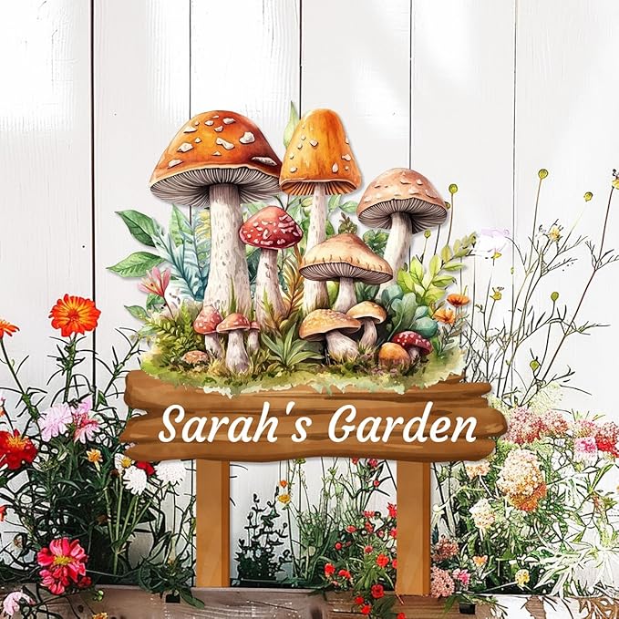 Custom Mushroom Garden Sign with Stakes, Personalized Metal Mushroom Garden Stake Sign, Colorful Mushroom Vintage Art Garden Name Sign Outdoor Yard Art Address Sign Garden Decor for Outside