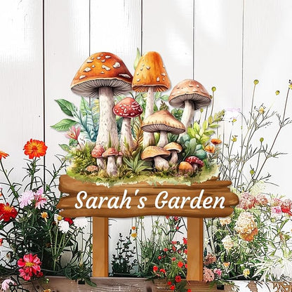 Custom Mushroom Garden Sign with Stakes, Personalized Metal Mushroom Garden Stake Sign, Colorful Mushroom Vintage Art Garden Name Sign Outdoor Yard Art Address Sign Garden Decor for Outside