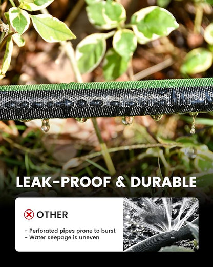 RAINPOINT Soaker Hose 50FT, 80% Water-Saving Drip Irrigation Hose for Garden, Leakproof and Flexible with Anodized Aluminum Ends, Double Layer Flat Soaking Hose for Flower, Vegetables and Tree, Green
