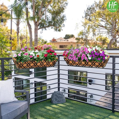 HFHOME 24 Inch Window Deck with Coco Liner, 24" Window Boxes Horse Trough with Coconut Coir Liner, Black Metal Hanging Flower Planter Basket Railing Planter for Outdoor Indoor Lawn - 4 Pack