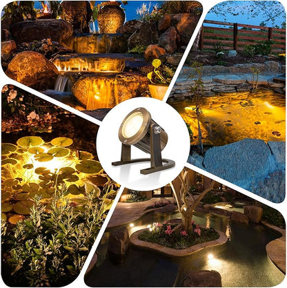 GKOLED Solid Brass Underwater Light, Low Voltage LED Pond Lights, Submersible Fountain Lighting with 5W 2700K 410LM MR16 Bulb, 9-15V AC/DC Outdoor Landscape Waterfall Light, IP68 Rated Pool Spotlights