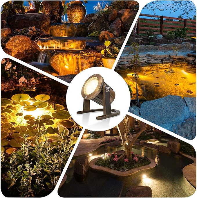 GKOLED Solid Brass Underwater Light, Low Voltage LED Pond Lights, Submersible Fountain Lighting with 5W 2700K 410LM MR16 Bulb, 9-15V AC/DC Outdoor Landscape Light, IP68 Rated Pool Spotlights, 2 Pack