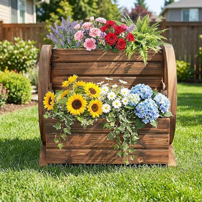 Giantex Wooden Wagon Planter Box, Garden Planter with Drainage Holes & Wheels for Flowers Herbs Vegetables, Indoor Outdoor Decorative Flower Cart for Patio Garden Balcony (2)